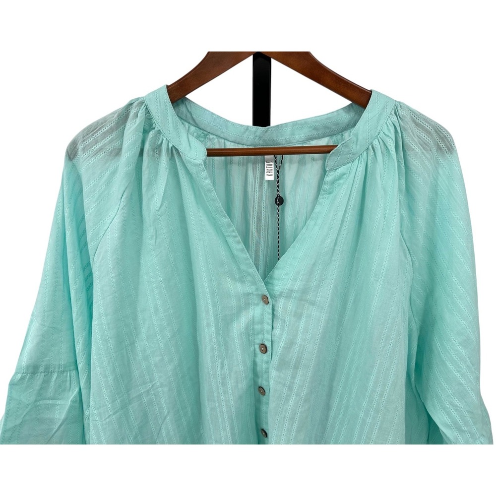 Kaktus Cotton Peplum Top Turquoise Blue Button Front Bell Sleeves Women's 3X NWT - Picture 9 of 13